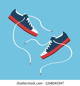 Shoes flat icon with bright colorful running sneakers. Vector illustration isolated on blue background.