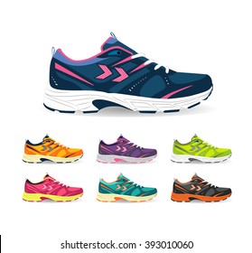 Shoes flat icon with bright colorful running sneakers. Vector illustration isolated on white background.