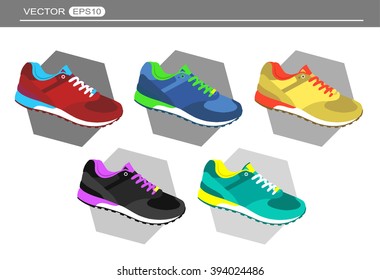 Shoes flat icon with bright colorful running sneakers. Vector illustration isolated on white background.