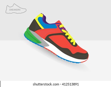 Shoes flat icon with bright colorful running sneakers. Vector 