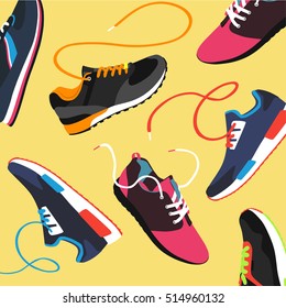 Shoes flat icon with bright colorful running sneakers. Vector