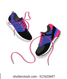 Shoes flat icon with bright colorful running sneakers. Vector illustration isolated on white background.