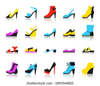 Shoes flat icons set. Web vector sign kit of footwear. Fashion pictogram collection includes casual, pumps, boats. Simple shoes colorful icon symbol with reflection isolated on white
