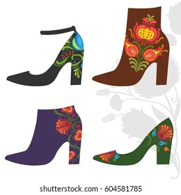 Shoes with floral ornaments on white background. Vector hand drawn illustration