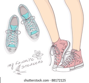 Shoes with floral pattern. Background with fashionable sneakers. Cute birthday card or invitation.