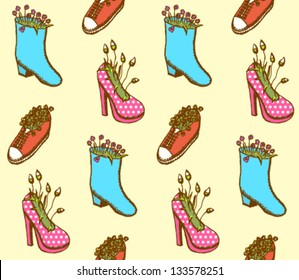 Shoes flower pot, vector seamless colorful pattern