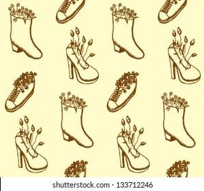 Shoes flower pot, vector seamless monochromatic pattern