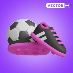Shoes And Football 3D Vector Icon Set, On A Purple Background