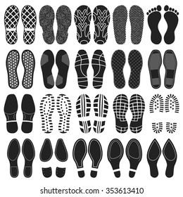 Shoes footprint vector set  Collection soles imprint    bare feet  boots  slippers  shoes  trainers  sandals  sneakers  For drawing traces man the ground symbols human sport activity 