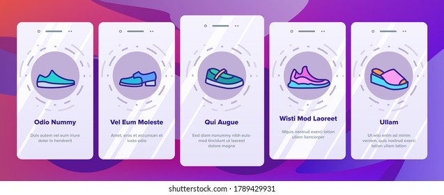 Shoes Footwear Shop Onboarding Mobile App Page Screen Vector. Different Shoes Sneaker And Moccasin, Slippers And Boots, Toe And Loafer Illustrations