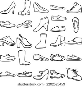 Shoes Hand Drawn Doodle Line Art Outline Set Containing Shoe  Shoes   Boots  Knee high  Wellington  Uggs  Timberland  Work  Laced booties  Scarpin heels