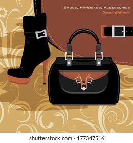 Shoes, handbags and accessories. Banner for fashion design. Vector