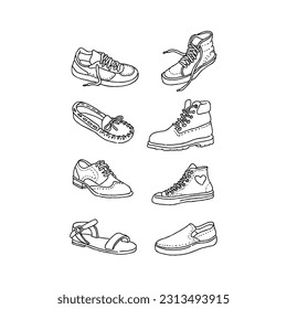 conjunto vectorial de ilustraciones de doodle de la mano de zapatos