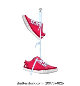 Shoes hanging on nail isolated on white background. Pair of sports footwear hang on peg.Vintage red sneakers hang on shoelace on spike. Sports and casual shoes.Shoe dangle on laces.Vector illustration svg