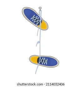 Shoes hanging on nail isolated on white background. Pair of sports footwear hang on peg.Vintage blue sneakers hang on shoelace on spike.Sports and casual shoes.Shoe dangle on laces.Vector illustration svg