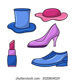 Shoes, Hat and lipstick Colored vector illustration with simple hand drawn sketching style