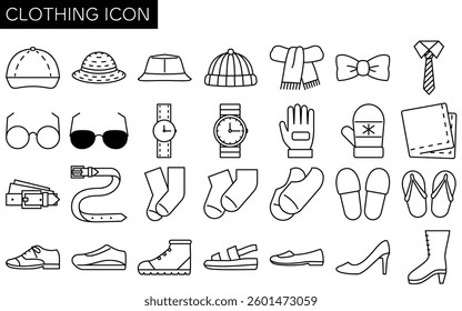 Shoes, hats and fashion accessories, Simple black and white line drawing icon of clothing, Vector Illustration