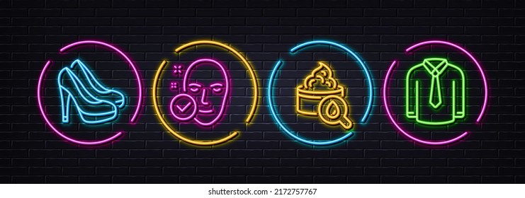 Shoes, Health skin and Moisturizing cream minimal line icons. Neon laser 3d lights. Shirt icons. For web, application, printing. Fashion footwear, Clean face, Face lotion. Casual wear. Vector
