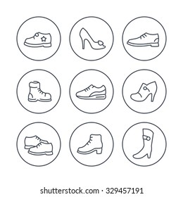 Shoes, heels, women shoes, boots, trainers, child shoes line icons in circles, vector illustration