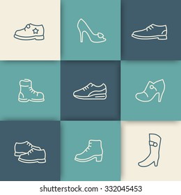 Shoes, heels, women shoes, boots, trainers, child shoes linear icons set, vector illustration