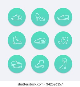 Shoes, heels, women shoes, boots, trainers, line round icons set, vector illustration