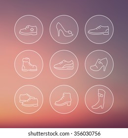 Shoes, heels, women shoes, boots, trainers, child shoes line icons in transparent circles, vector illustration