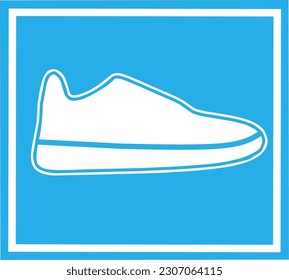  shoes here plese sign, icon, logo, symbol . Template isolated on blue background. Flat Style graphic design. Blue and white color.