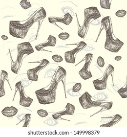 Shoes with high heels, lips, eyes seamless illustration