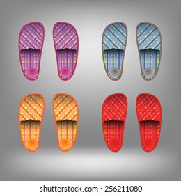 Shoes for home. Colorful slippers. Slippers collection on grey background.