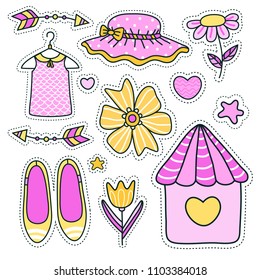 Shoes, house, dress, hat, flowers, arrow,heart, star.Set of cartoon stickers, patches, badges, pins, prints for girls. Doodle style. Vector illustration.