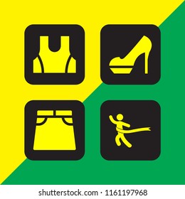 shoes icon. 4 shoes set with run, shoe, skirt and sport wear vector icons for web and mobile app