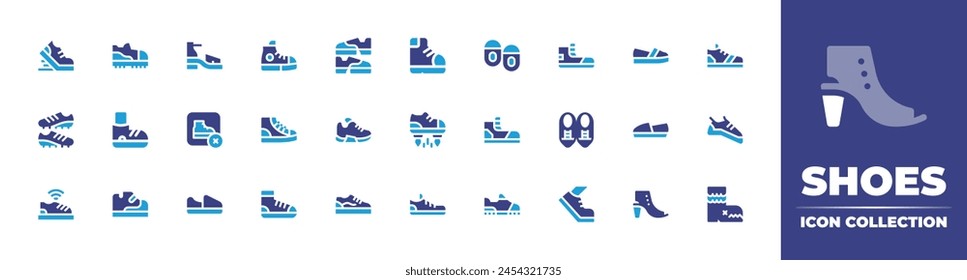 Shoes icon collection. Duotone color. Vector illustration. Containing hiking boots, trainer, climbing, football boots, running, shoes, boots, flying, sneaker, sneakers, running.