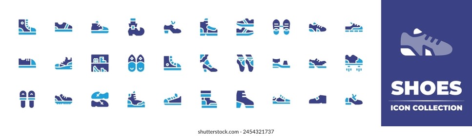 Shoes icon collection. Duotone color. Vector illustration. Containing tap shoes, shoes, ballet, running, sport shoes, sneakers, shoe, slippers, sneaker, converse, baby, female.