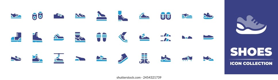 Shoes icon collection. Duotone color. Vector illustration. Containing sneaker, tango, shoe, running, running, slippers, shoes, boot, boots, sneakers, witch, baby, sport.
