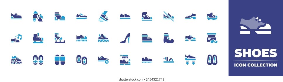 Shoes icon collection. Duotone color. Vector illustration. Containing shoes, trainers, brush, sneakers, tap music, heels, ice skate, sport, ballet, shoe box, football, baby.