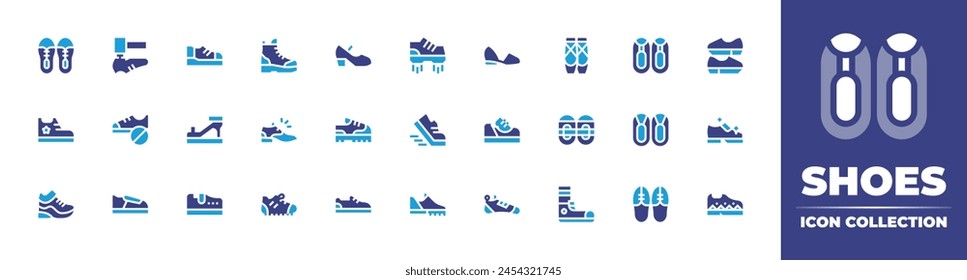 Shoes icon collection. Duotone color. Vector illustration. Containing shoes, run, flying, shoe, no shoes, shoe making, climbing, football, flamenco, heeled, sport.