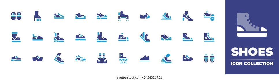 Shoes icon collection. Duotone color. Vector illustration. Containing snow boot, high heels, shoes, hiking, sneakers, flat, boot, trainers, shoe, clog, football shoes, running shoe, flying.