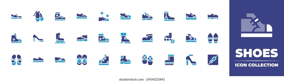 Shoes icon collection. Duotone color. Vector illustration. Containing ballerina, sneakers, boots, shoes, boot, ballet, high heels, sport shoe, dance, shoe, baby, skate.