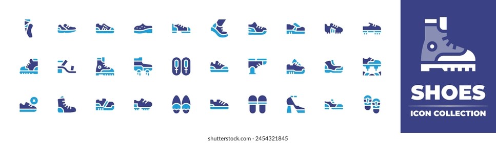 Shoes icon collection. Duotone color. Vector illustration. Containing ballet, walking, boot, shoes, no shoes, sneakers, sneaker, shoe, sport shoe, comfortable, last, football shoes, flying shoe.