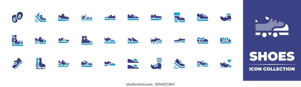 Shoes icon collection. Duotone color. Vector illustration. Containing running shoes, boot, shoe, trainers, boots, sneaker, running, shoes, baby, wedges, heels, ice skating.