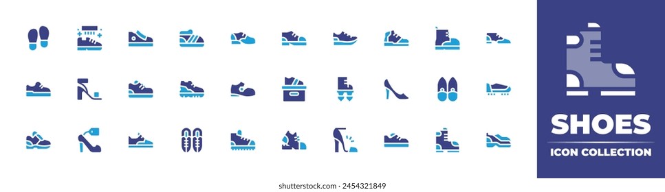 Shoes icon collection. Duotone color. Vector illustration. Containing footprint, shoes, sneakers, sport shoes, shoe, sneaker, brush, trainers, high heels, boot, high heel, flying shoes.