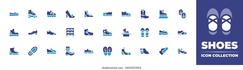 Shoes icon collection. Duotone color. Vector illustration. Containing boot, soles, sport, sneakers, flat, shoes, shoe, shoe print, shoe box, rollerblade, ice skating.