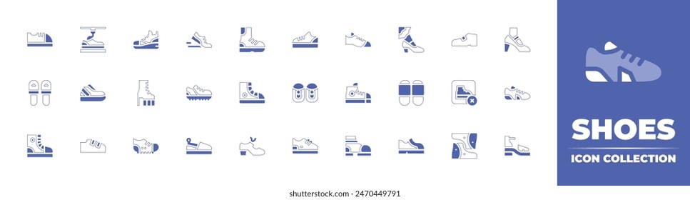 Shoes icon collection. Duotone style line stroke and bold. Vector illustration. Containing d, tap shoes, running shoes, shoe, high heels, sneakers, hiking, shoes, slippers, converse, last.