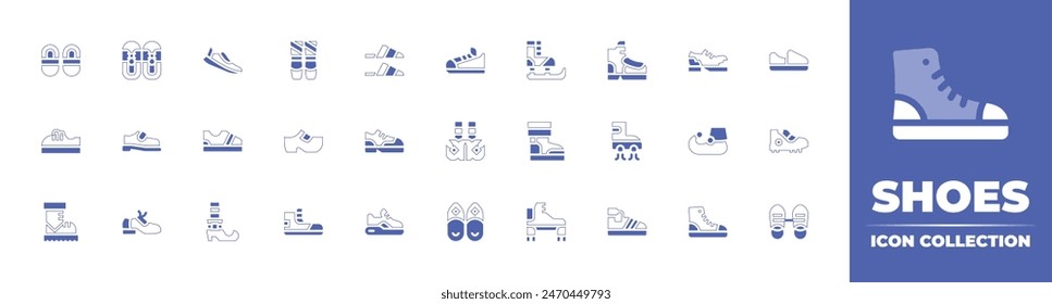 Shoes icon collection. Duotone style line stroke and bold. Vector illustration. Containing snow boot, sneaker, sport shoes, shoes, sneakers, running, clown, ballet, shoe, flat. 