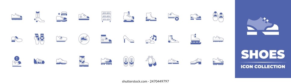 Shoes icon collection. Duotone style line stroke and bold. Vector illustration. Containing boot, brush, ballerina, no shoes, shoes, sneaker, tap music, cowboy, ice skate, ballet, high heels.