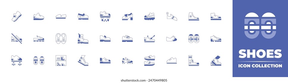 Shoes icon collection. Duotone style line stroke and bold. Vector illustration. Containing boot, trainers, sneakers, flying shoes, shoes, flat, heels, climbing shoes, shoe, football.