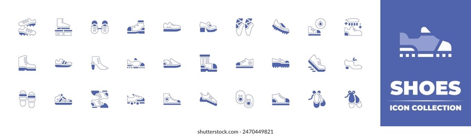 Shoes icon collection. Duotone style line stroke and bold. Vector illustration. Containing boots, running, running shoes, climbing shoes, polishing, football boots, shoe, ballerina, sneaker, sneakers.