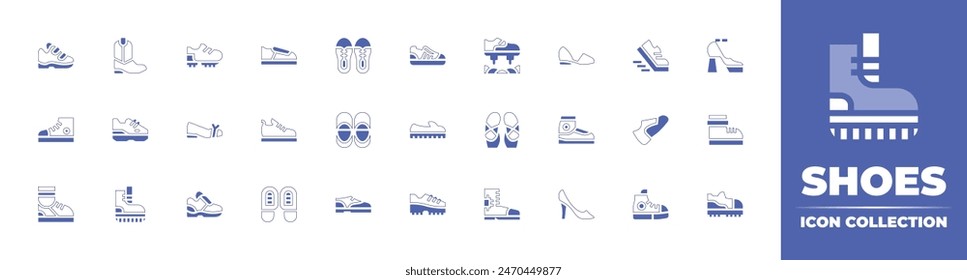 Shoes icon collection. Duotone style line stroke and bold. Vector illustration. Containing run, shoes, ballet flats, high heels, ballet shoes, shoe, sport shoe, sport shoes, footprints, boot.