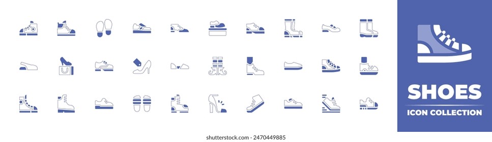 Shoes icon collection. Duotone style line stroke and bold. Vector illustration. Containing footprint, sneakers, sport shoes, sneaker, shoes, boots, shoe, shoe label, slippers, water boots. 