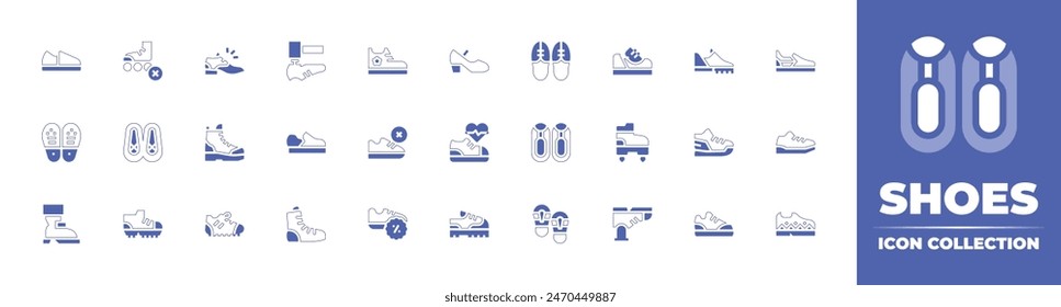 Shoes icon collection. Duotone style line stroke and bold. Vector illustration. Containing shoes, soles, no shoes, sneakers, boot, sneaker, sport shoe, last, shoe making, flying, ballet shoes.